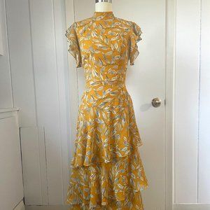 Mikael Aghal High Neck Flounce Asymmetrical Open Back Formal Dress Size 0 Yellow